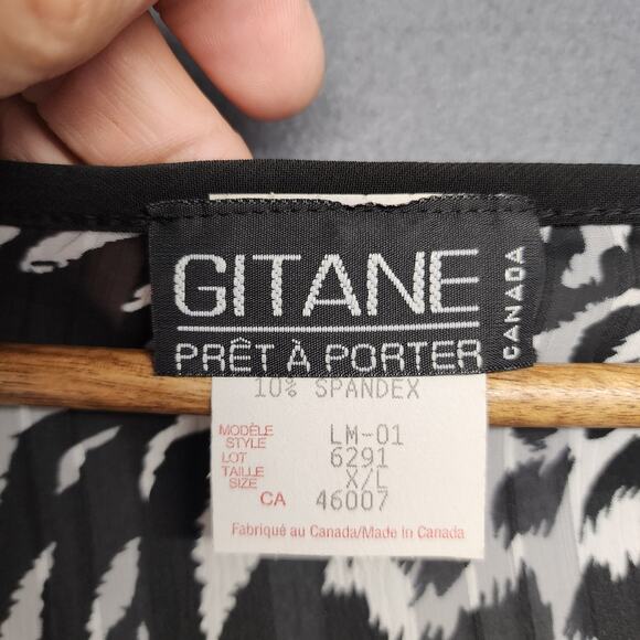 Vintage Gitane Top Women XL Black White Semi Sheer Animal Print Made in Canada - Picture 3 of 9